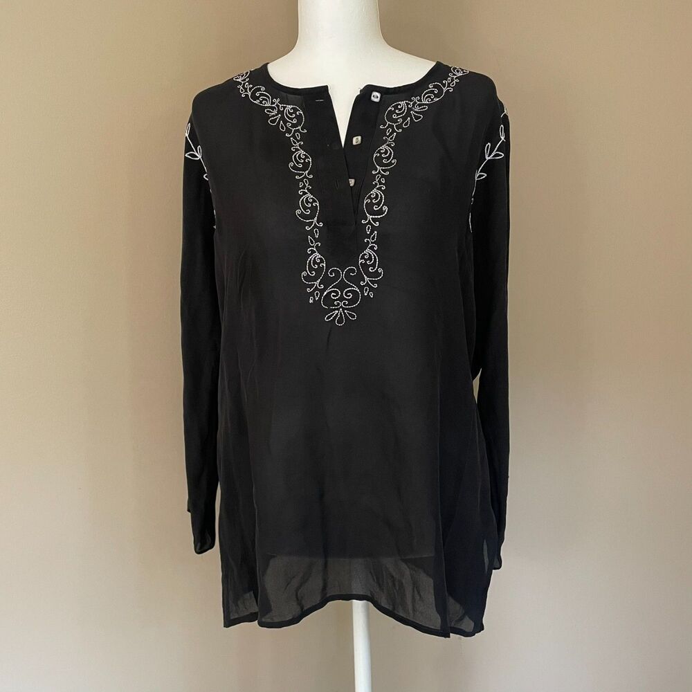 NormThompson M Black Silk Embroidered Top Whimsigoth Dark Fairy Sheer Witchy